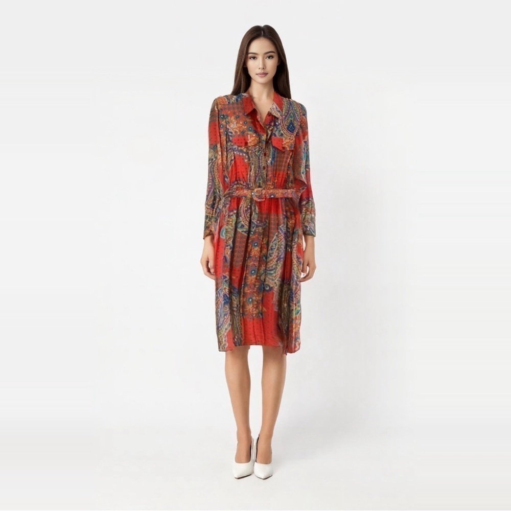 Vintage Graphic Paisley/Floral Pleated Shirt Dress